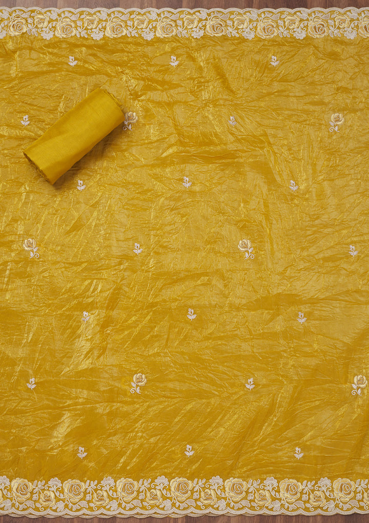 Mustard Threadwork Semi Crepe Unstitched Salwar Suit