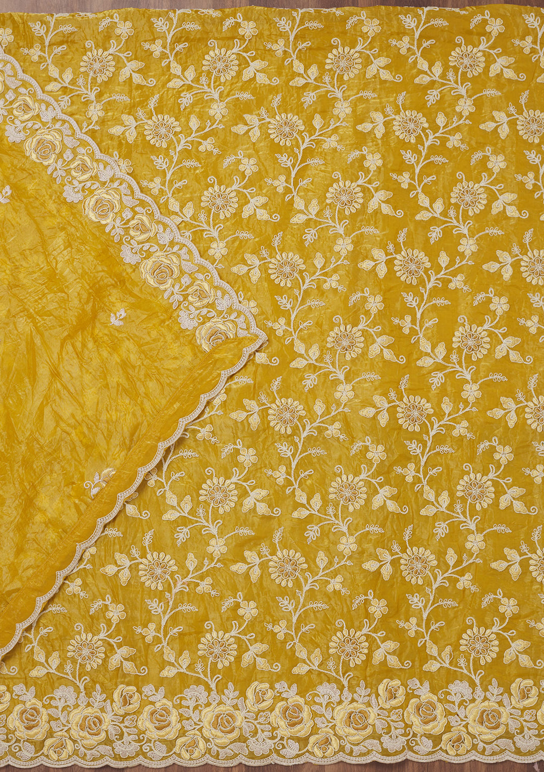 Mustard Threadwork Semi Crepe Unstitched Salwar Suit