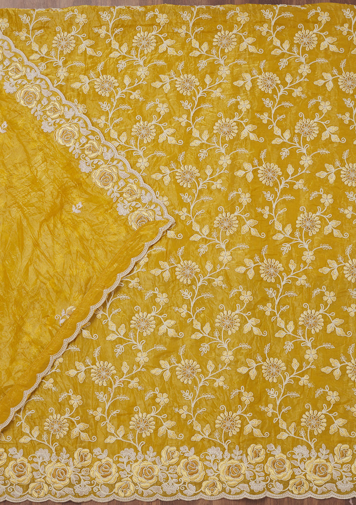 Mustard Threadwork Semi Crepe Unstitched Salwar Suit