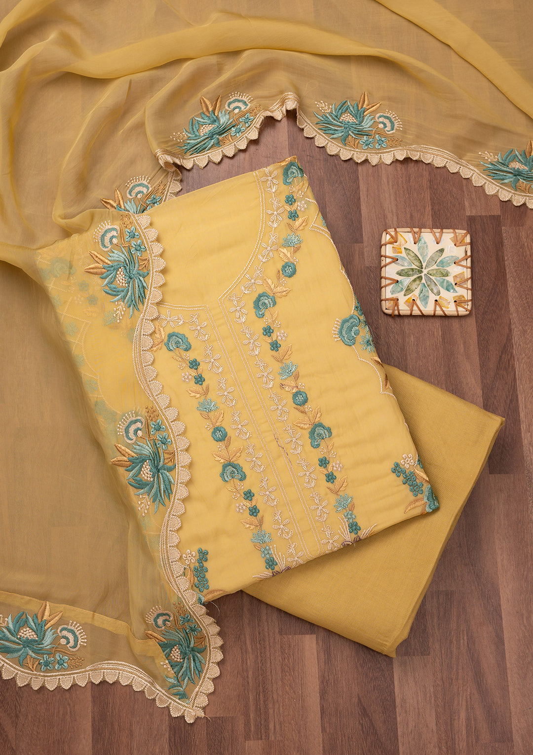 Mustard Threadwork Tissue Unstitched Salwar Suit