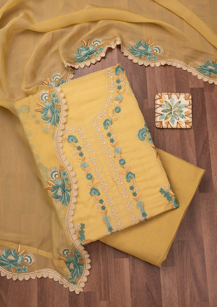 Mustard Threadwork Tissue Unstitched Salwar Suit