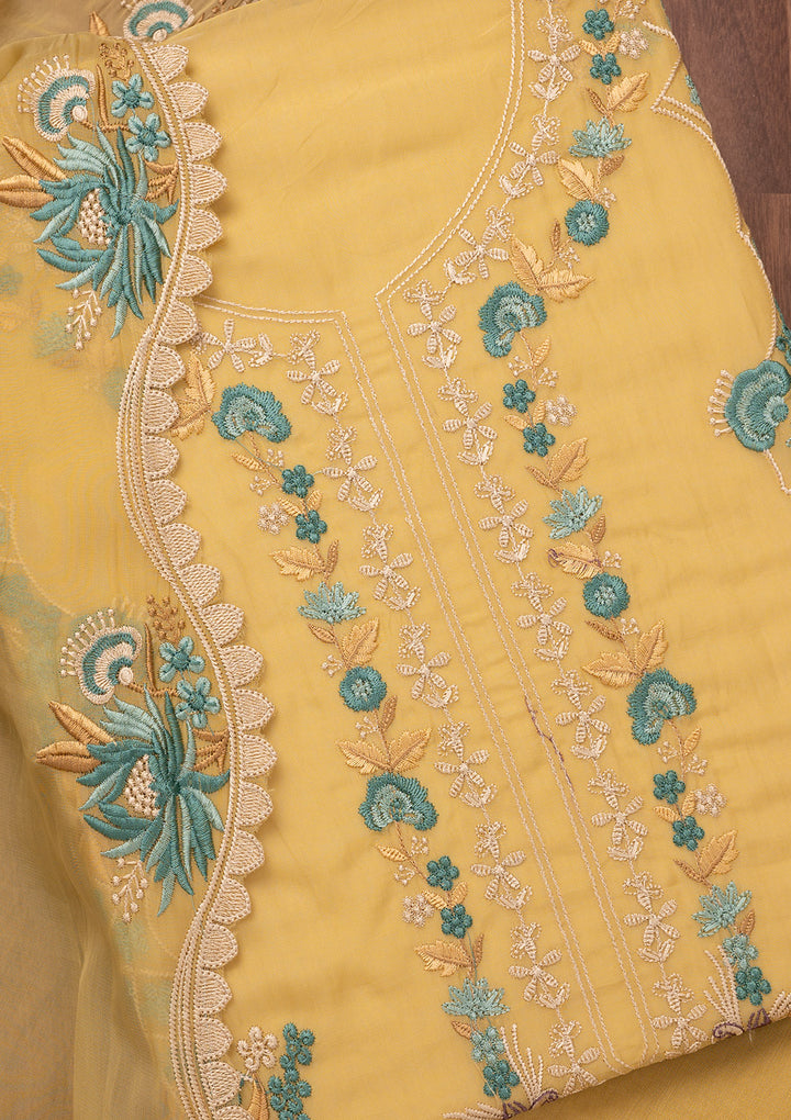 Mustard Threadwork Tissue Unstitched Salwar Suit