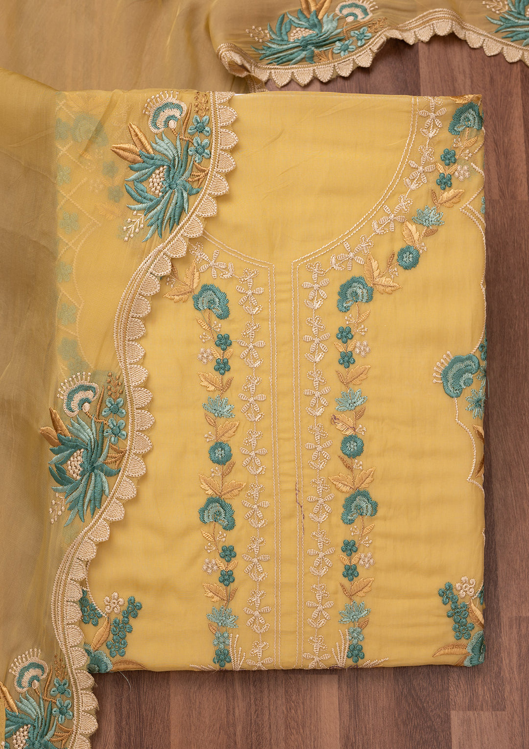 Mustard Threadwork Tissue Unstitched Salwar Suit