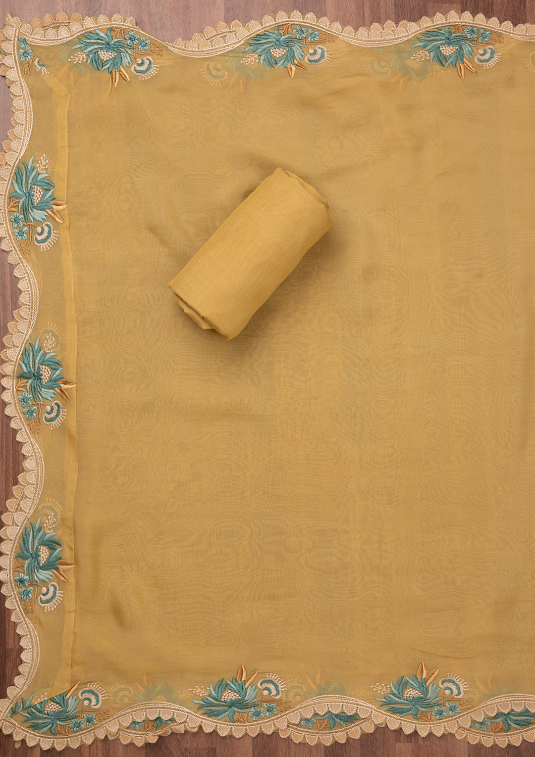 Mustard Threadwork Tissue Unstitched Salwar Suit