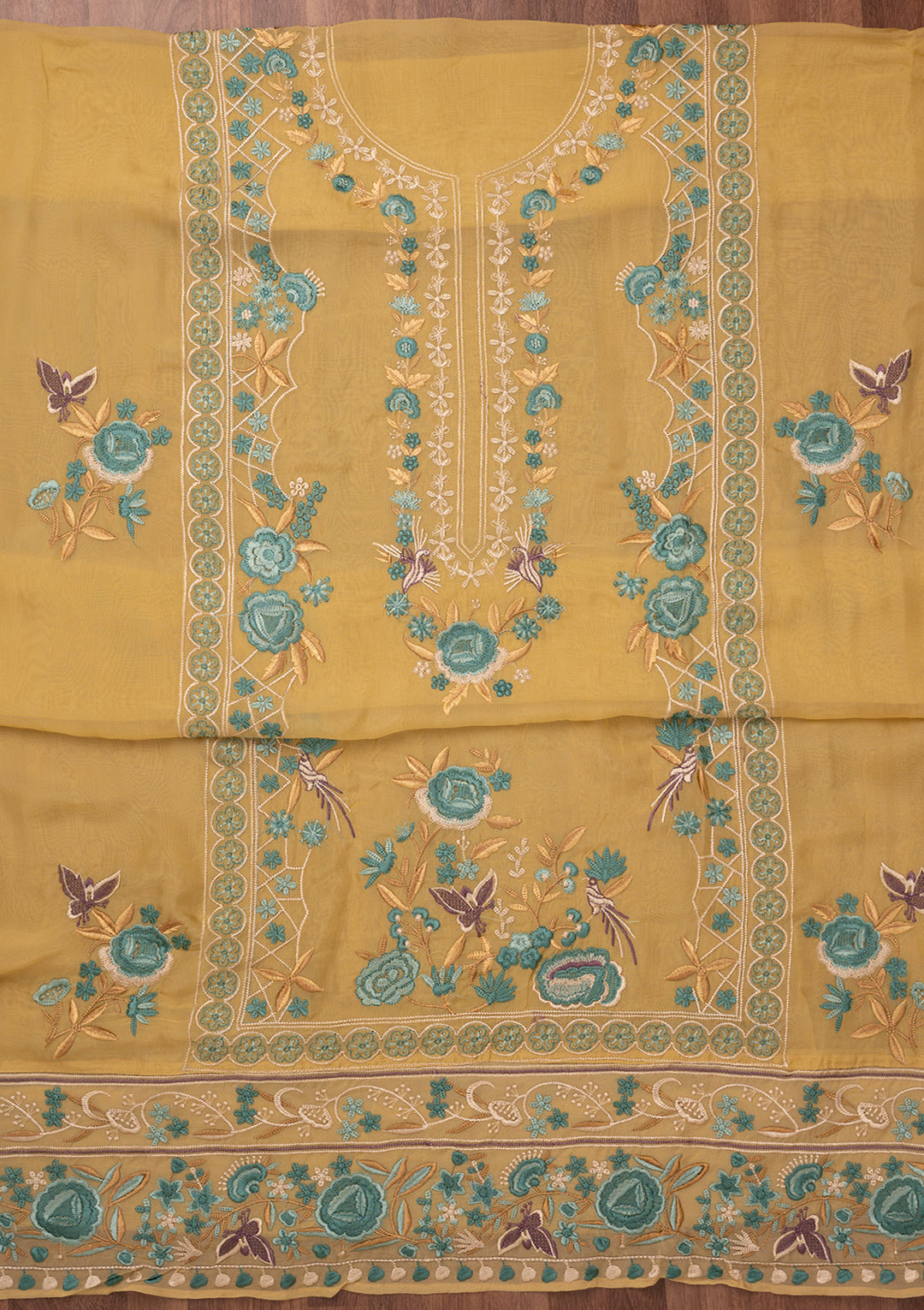 Mustard Threadwork Tissue Unstitched Salwar Suit