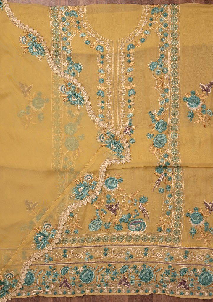 Mustard Threadwork Tissue Unstitched Salwar Suit