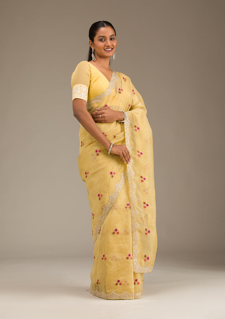 Mustard Threadwork Tissue Saree