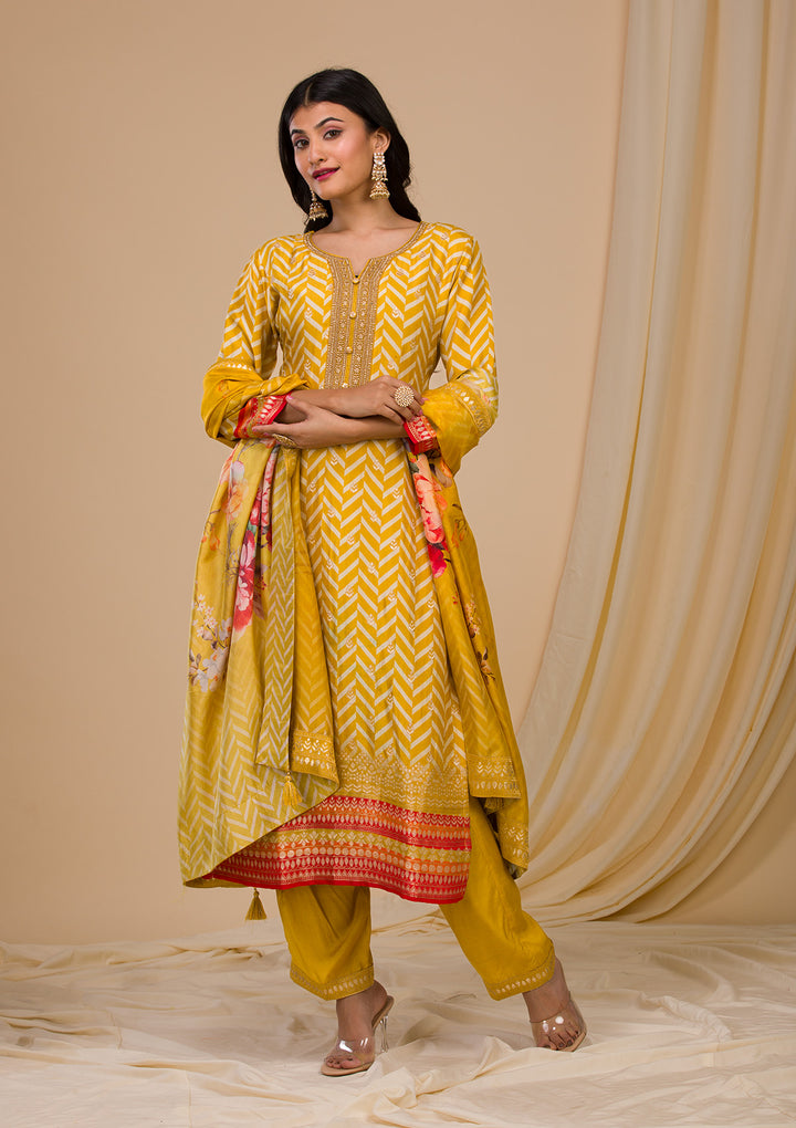 Mustard Zariwork Art Silk Readymade Salwar Suit