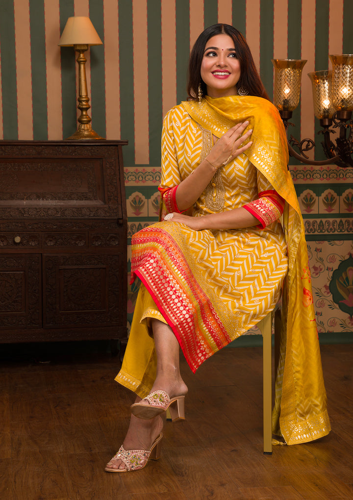 Mustard Zariwork Art Silk Readymade Salwar Suit