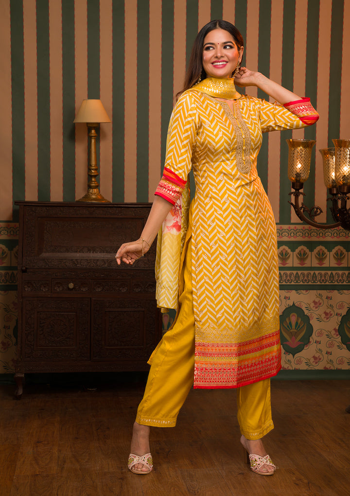 Mustard Zariwork Art Silk Readymade Salwar Suit