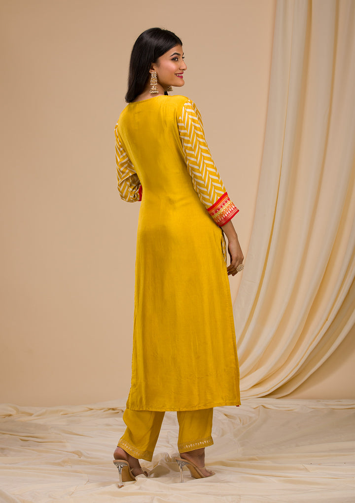 Mustard Zariwork Art Silk Readymade Salwar Suit