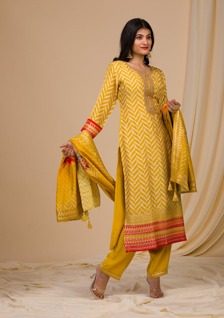 Mustard Zariwork Art Silk Readymade Salwar Suit