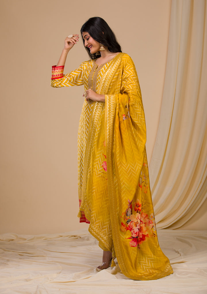 Mustard Zariwork Art Silk Readymade Salwar Suit