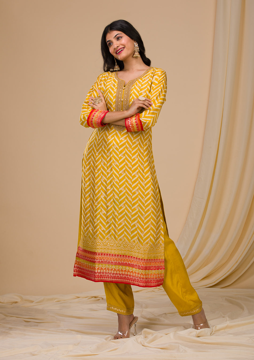 Mustard Zariwork Art Silk Readymade Salwar Suit