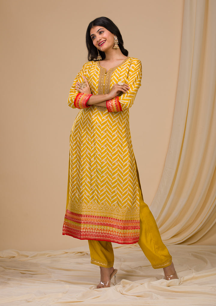 Mustard Zariwork Art Silk Readymade Salwar Suit