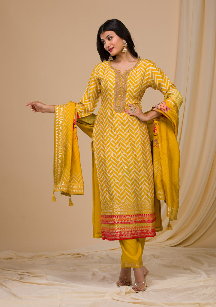 Mustard Zariwork Art Silk Readymade Salwar Suit