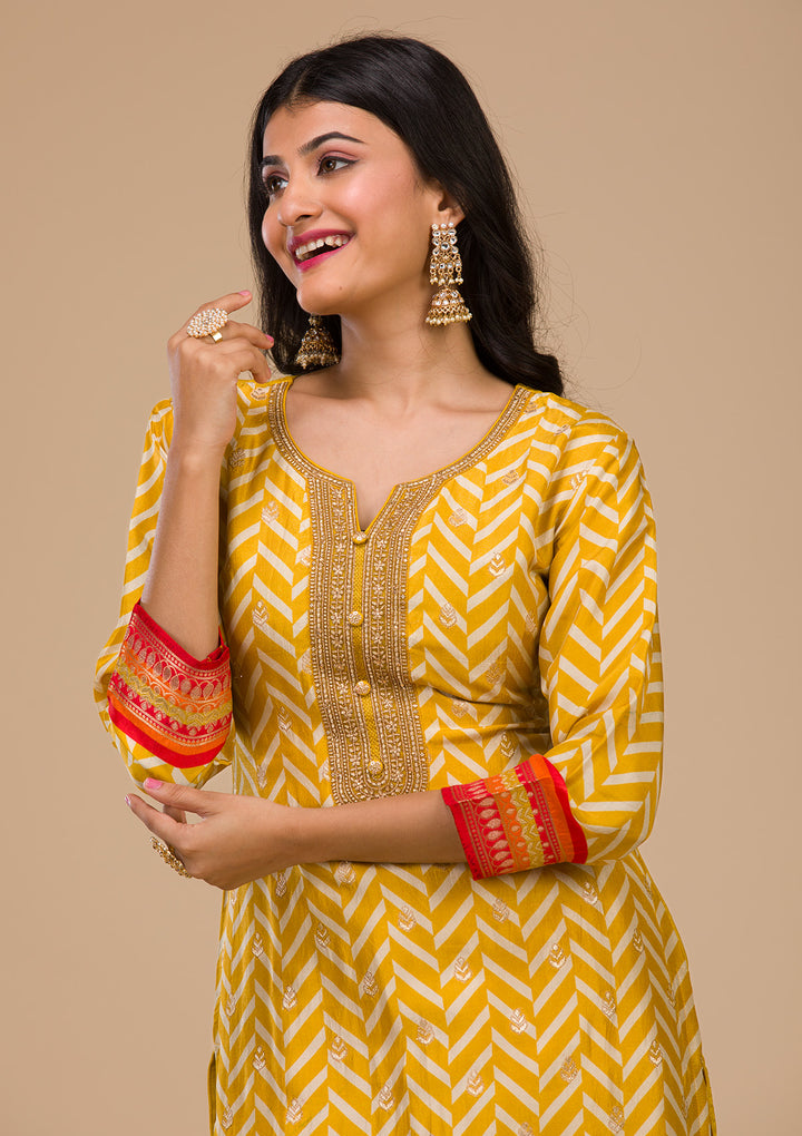 Mustard Zariwork Art Silk Readymade Salwar Suit
