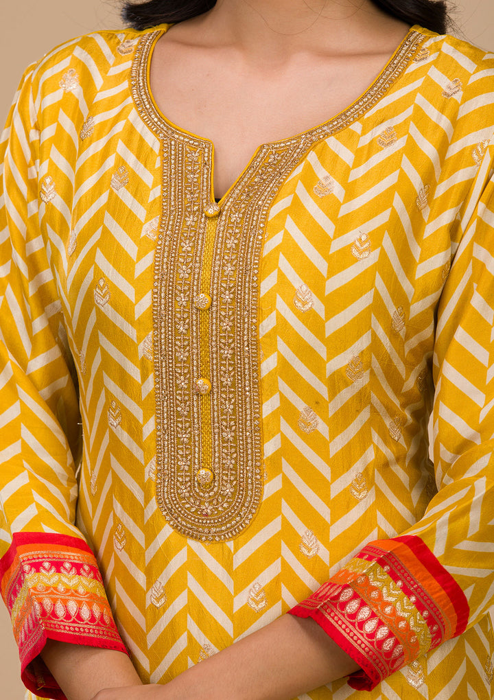 Mustard Zariwork Art Silk Readymade Salwar Suit