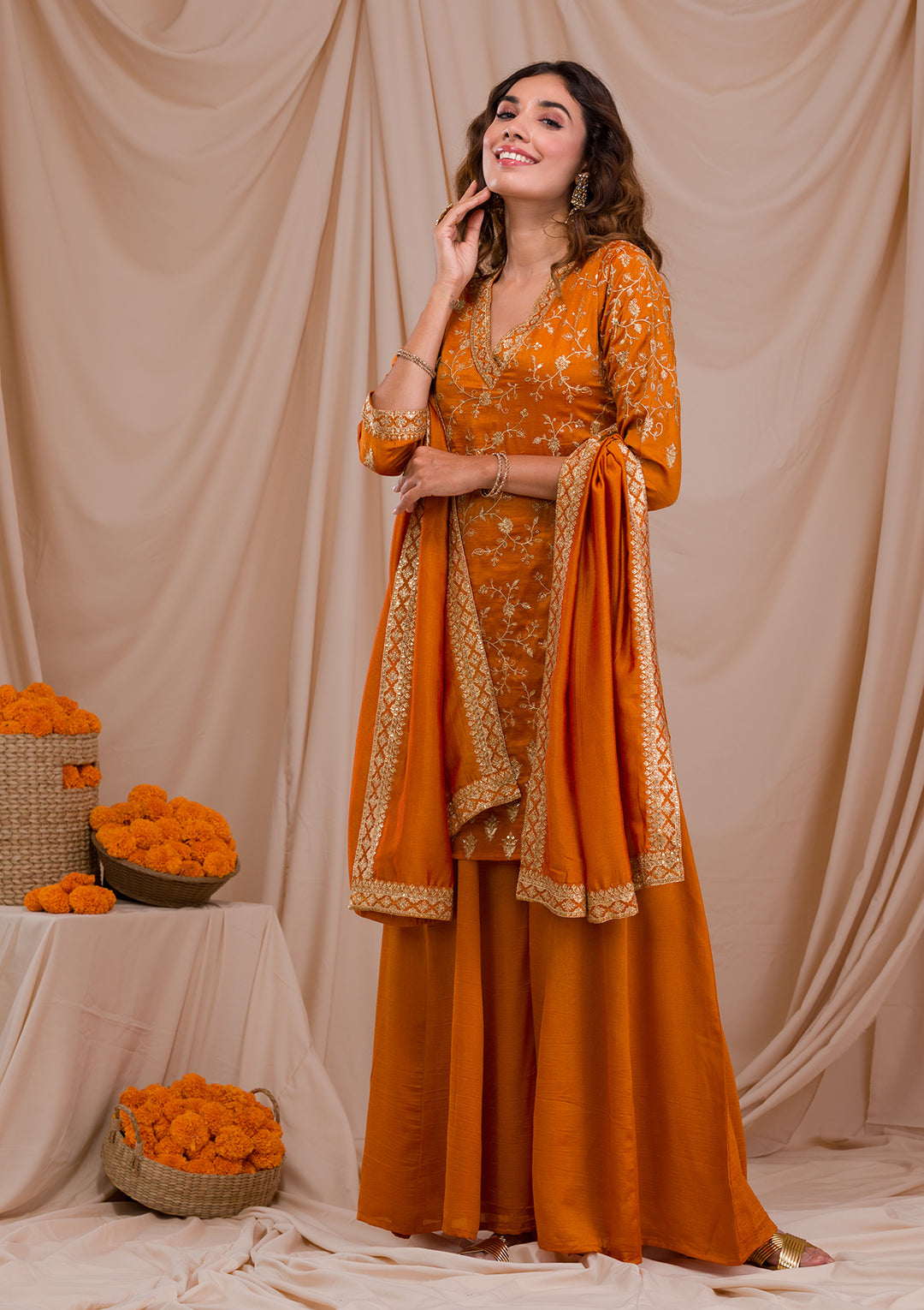 Mustard Zariwork Art Silk Readymade Salwar Suit-Koskii