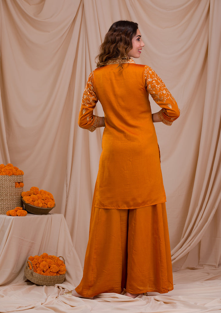 Mustard Zariwork Art Silk Readymade Sharara Suit