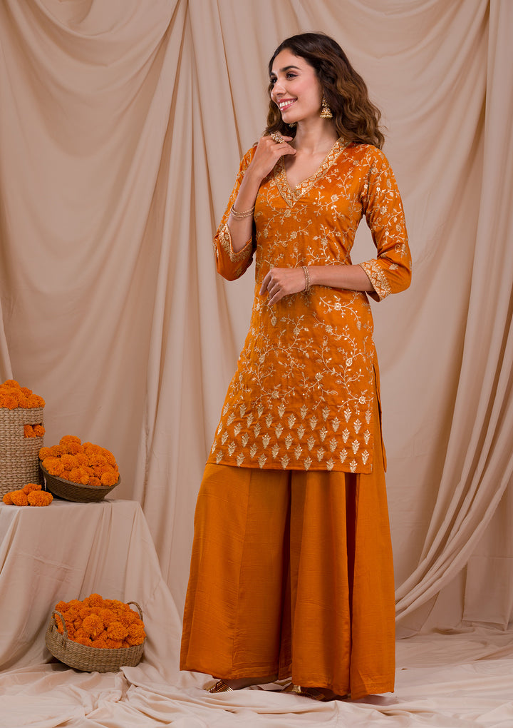 Mustard Zariwork Art Silk Readymade Salwar Suit-Koskii