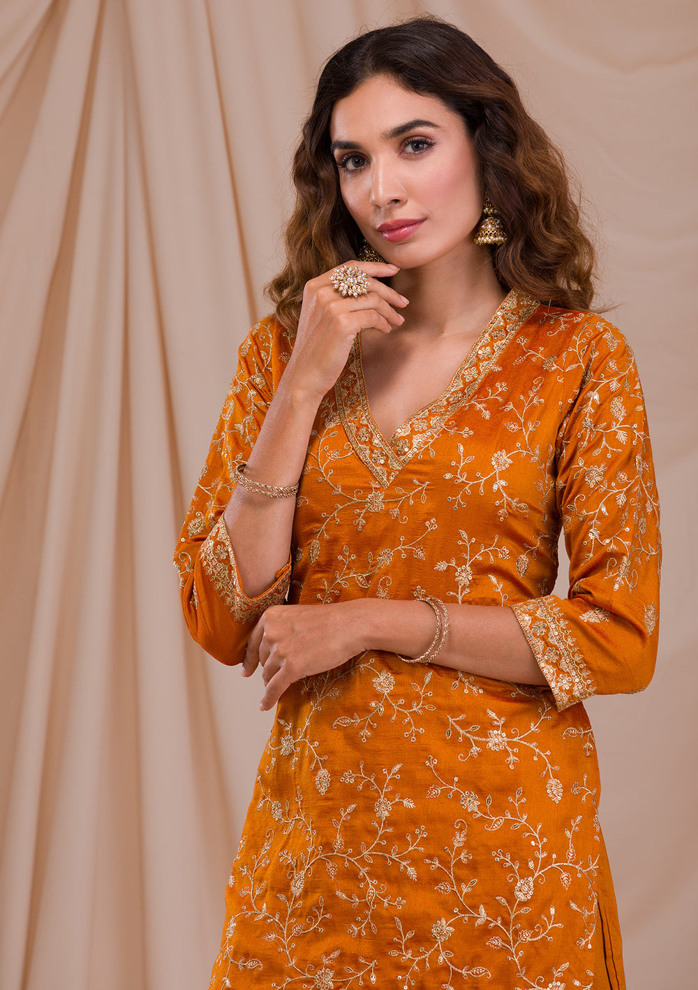Mustard Zariwork Art Silk Readymade Salwar Suit-Koskii