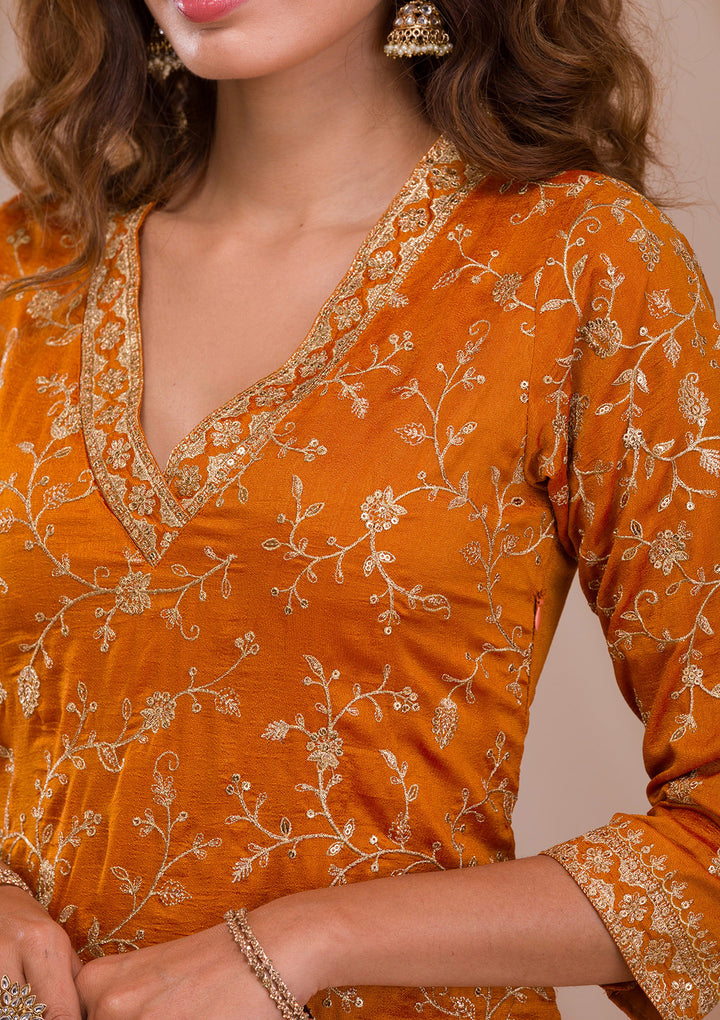 Mustard Zariwork Art Silk Readymade Sharara Suit