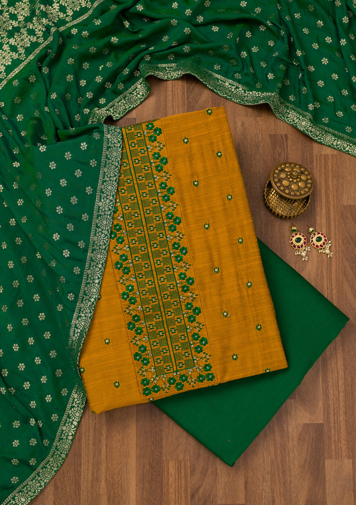 Mustard Zariwork Art Silk Unstitched Salwar Suit