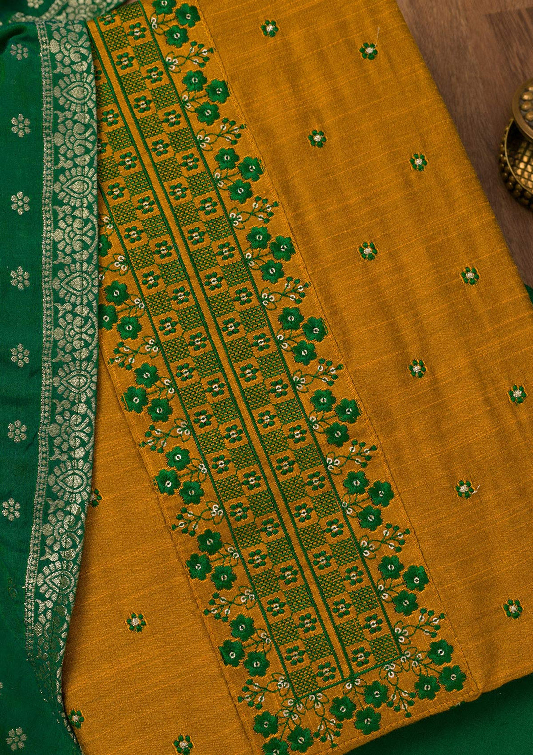 Mustard Zariwork Art Silk Unstitched Salwar Suit