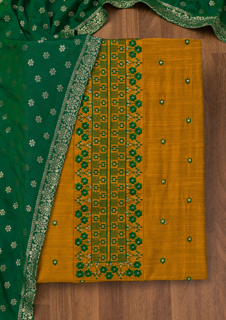 Mustard Zariwork Art Silk Unstitched Salwar Suit