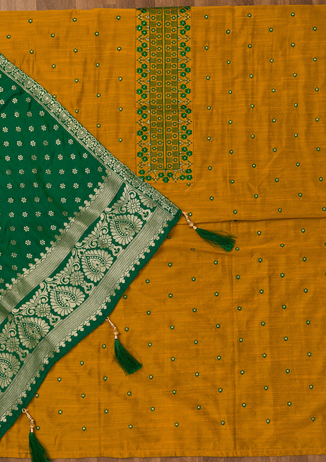 Mustard Zariwork Art Silk Unstitched Salwar Suit