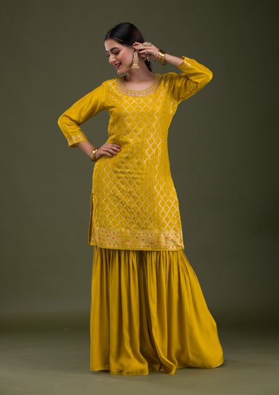 Mustard Zariwork Banarasi Readymade Sharara Suit