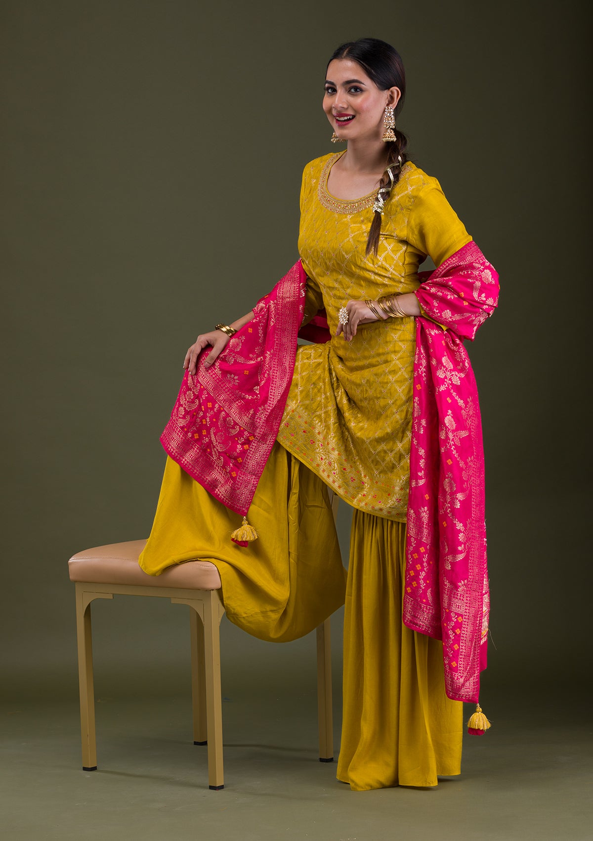 Mustard Zariwork Banarasi Readymade Sharara Suit