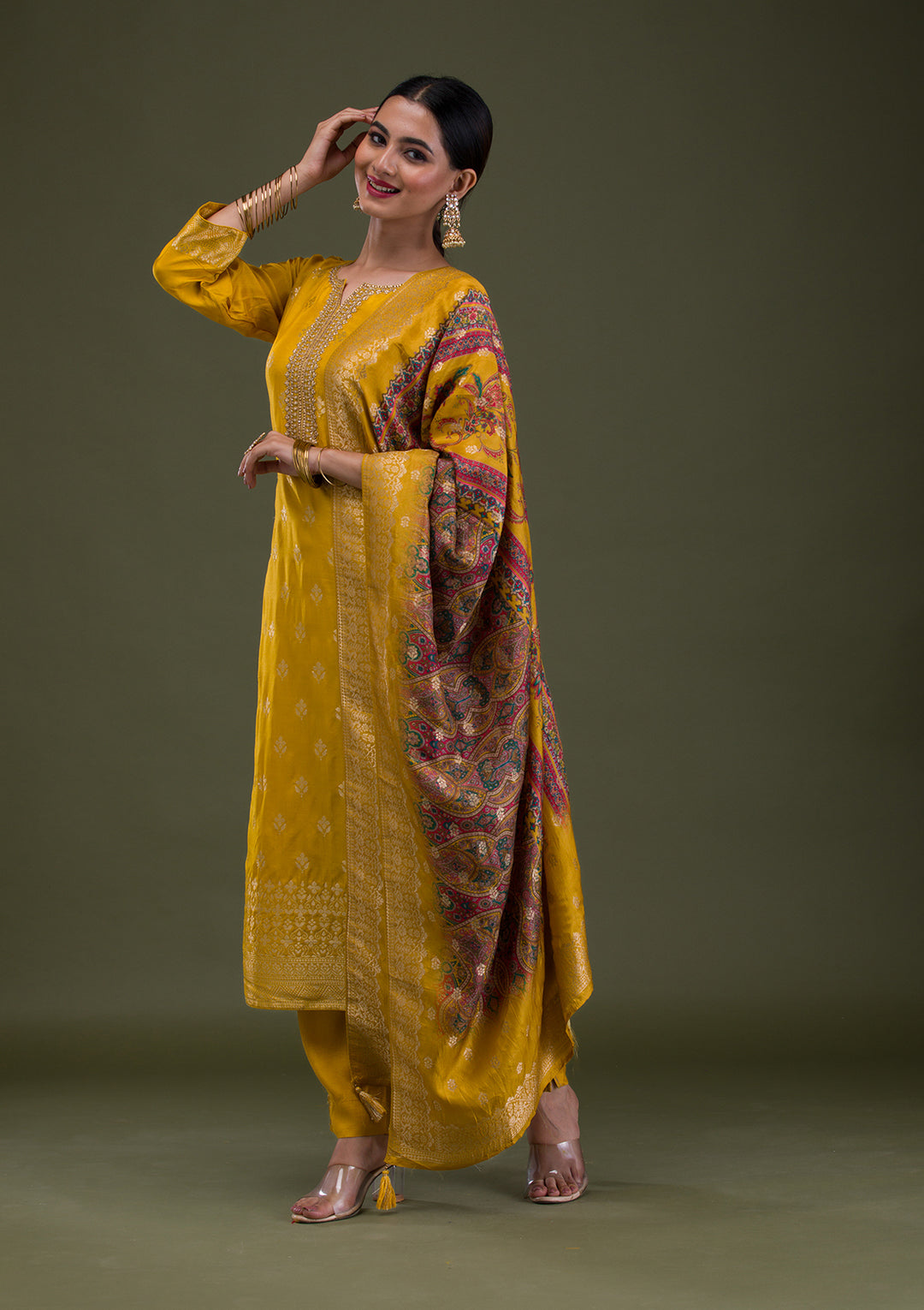 Mustard Zariwork Banarasi Readymade Salwar Suit