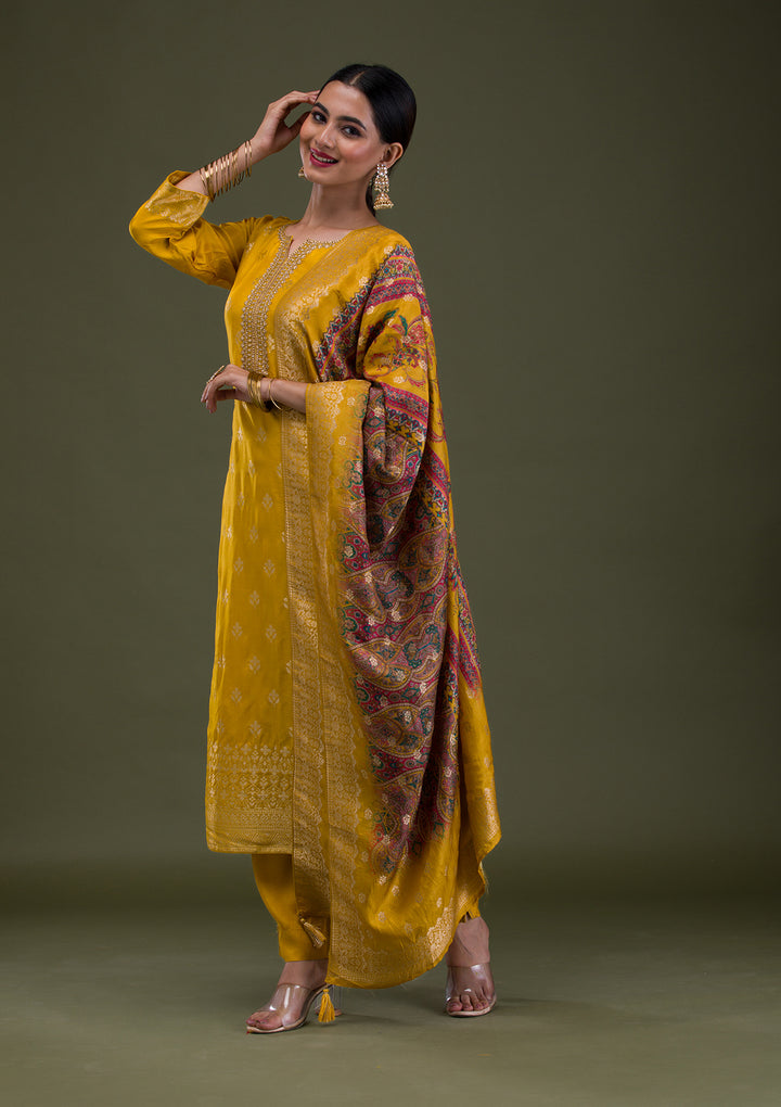 Mustard Zariwork Banarasi Readymade Salwar Suit