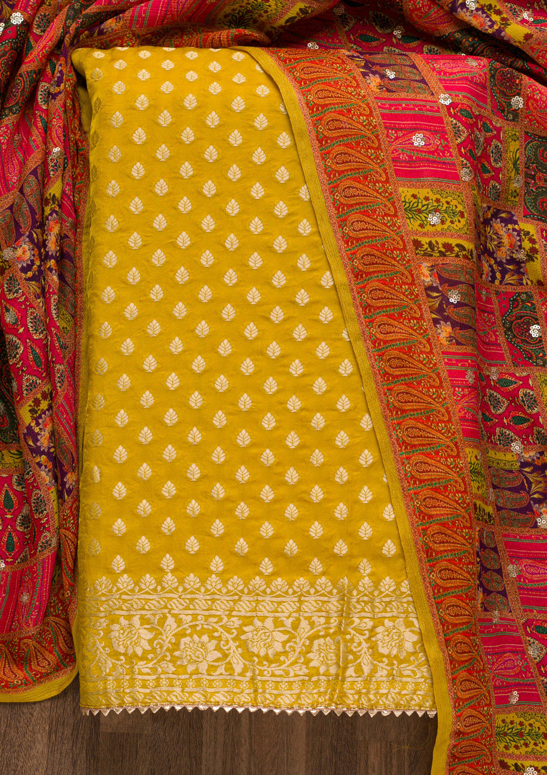 Mustard Zariwork Banarasi Unstitched Salwar Suit