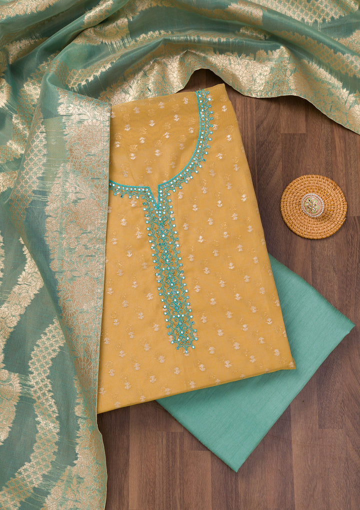 Mustard Zariwork Banarasi Unstitched Salwar Suit