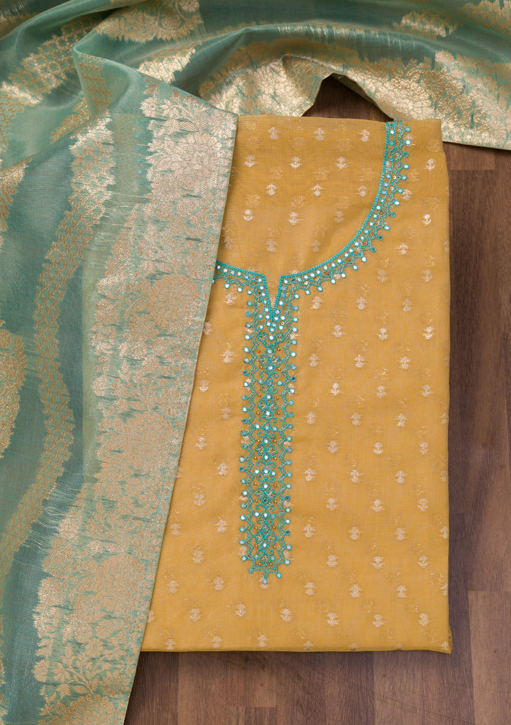 Mustard Zariwork Banarasi Unstitched Salwar Suit