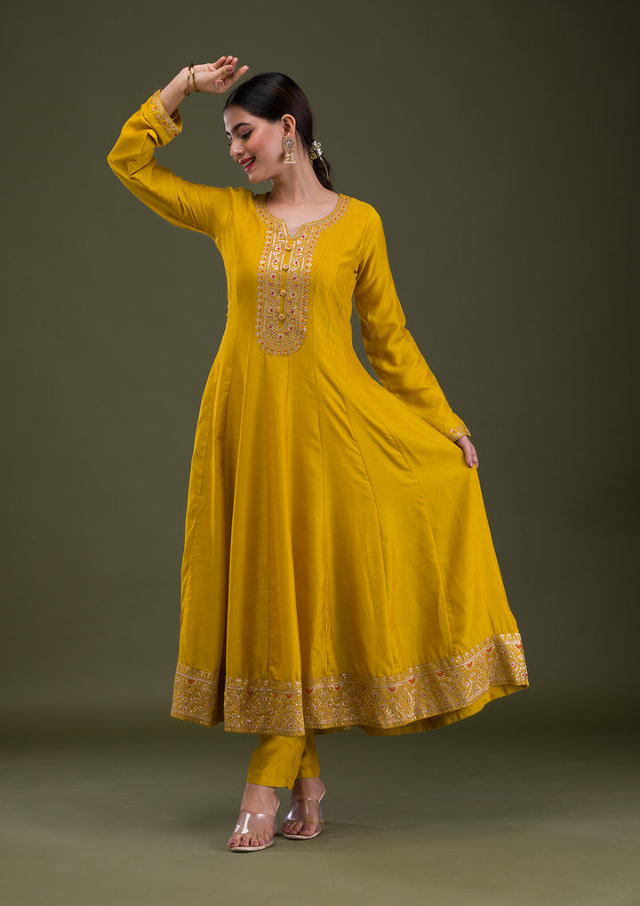 Mustard Zariwork Crepe Readymade Anarkali Suit