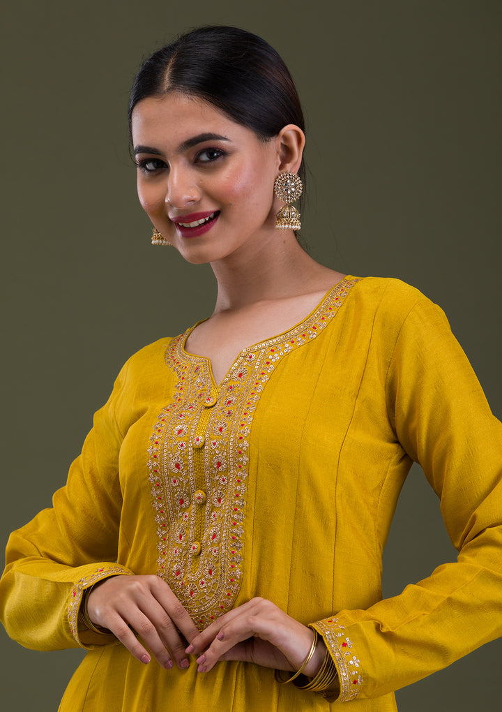 Mustard Zariwork Crepe Readymade Anarkali Suit