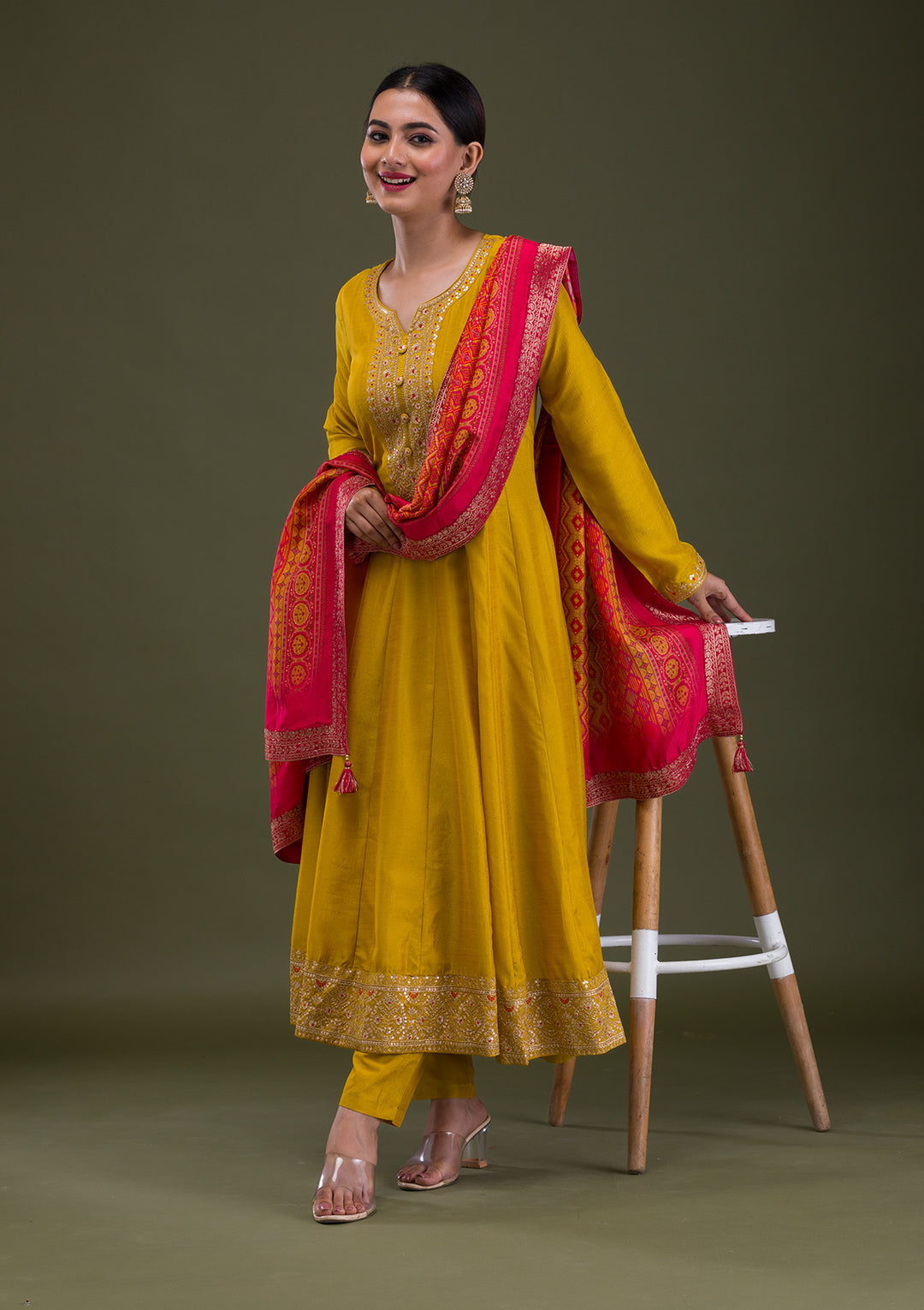 Mustard Zariwork Crepe Readymade Anarkali Suit