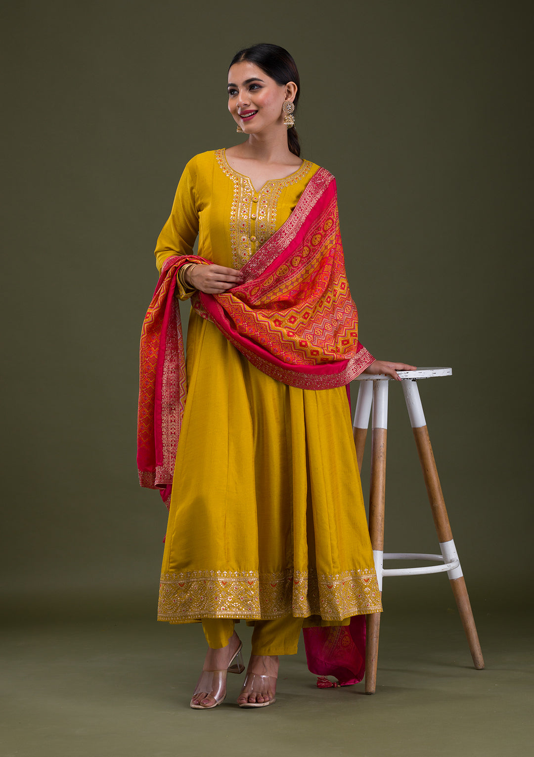Mustard Zariwork Crepe Readymade Anarkali Suit