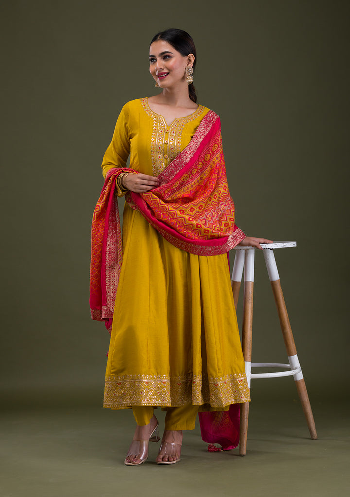 Mustard Zariwork Crepe Readymade Anarkali Suit
