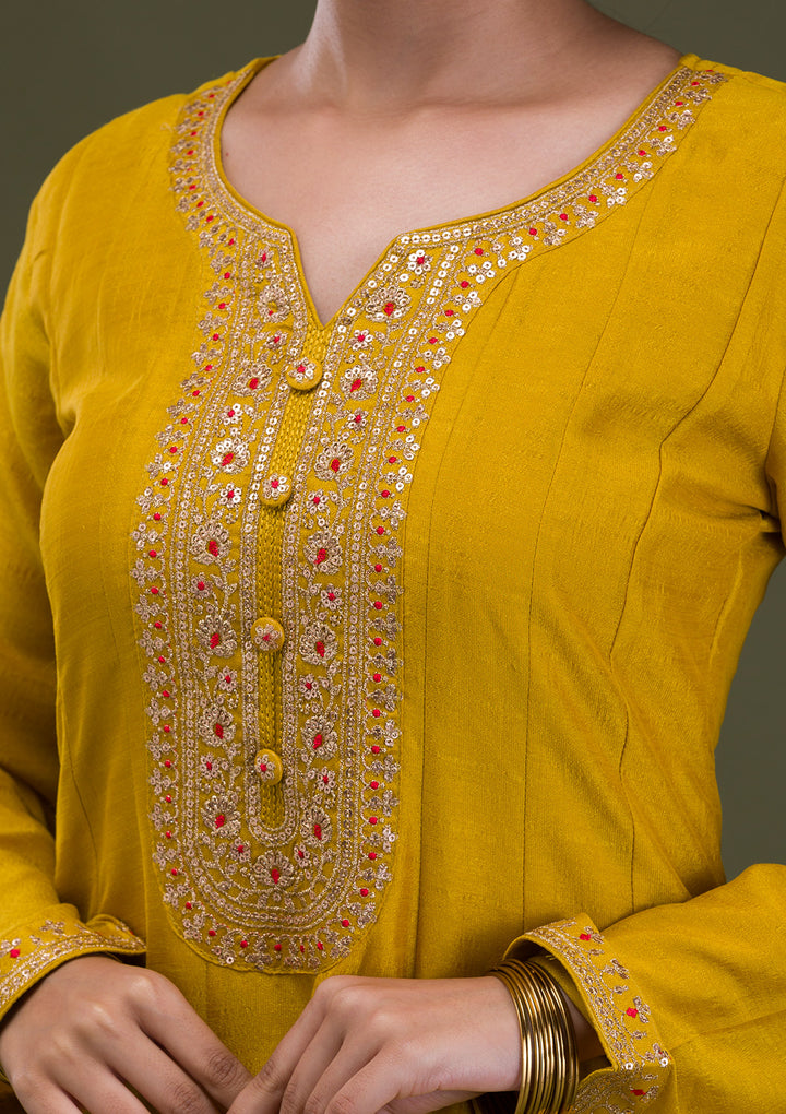 Mustard Zariwork Crepe Readymade Anarkali Suit