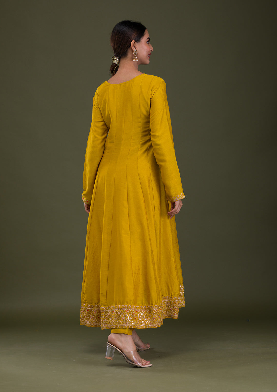 Mustard Zariwork Crepe Readymade Anarkali Suit