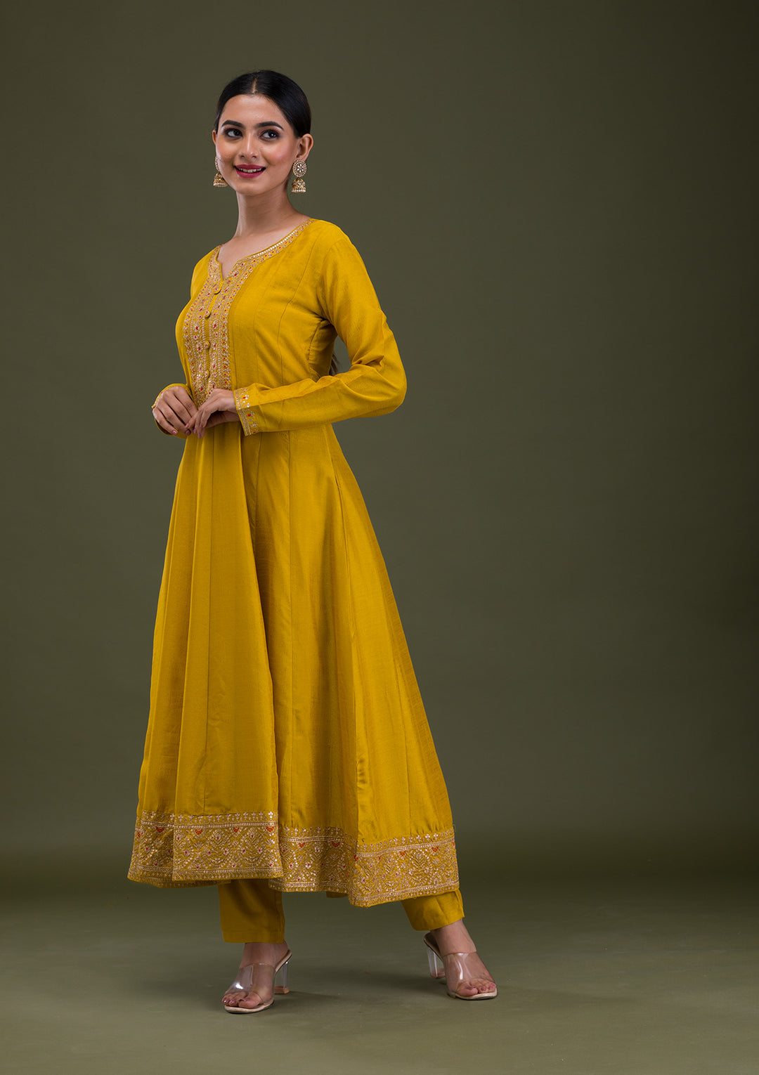 Mustard Zariwork Crepe Readymade Anarkali Suit