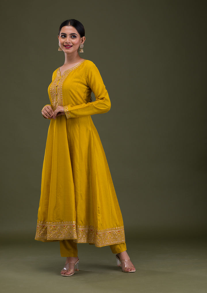 Mustard Zariwork Crepe Readymade Anarkali Suit