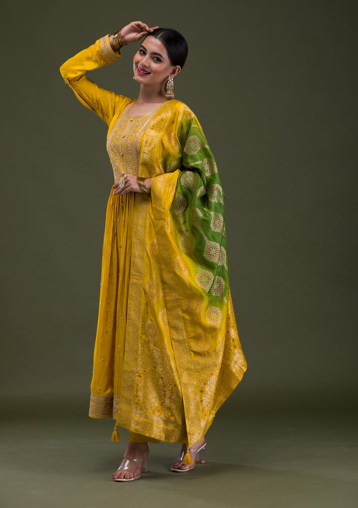 Mustard Zariwork Crepe Readymade Anarkali Suit