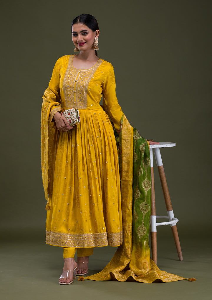 Mustard Zariwork Crepe Readymade Anarkali Suit