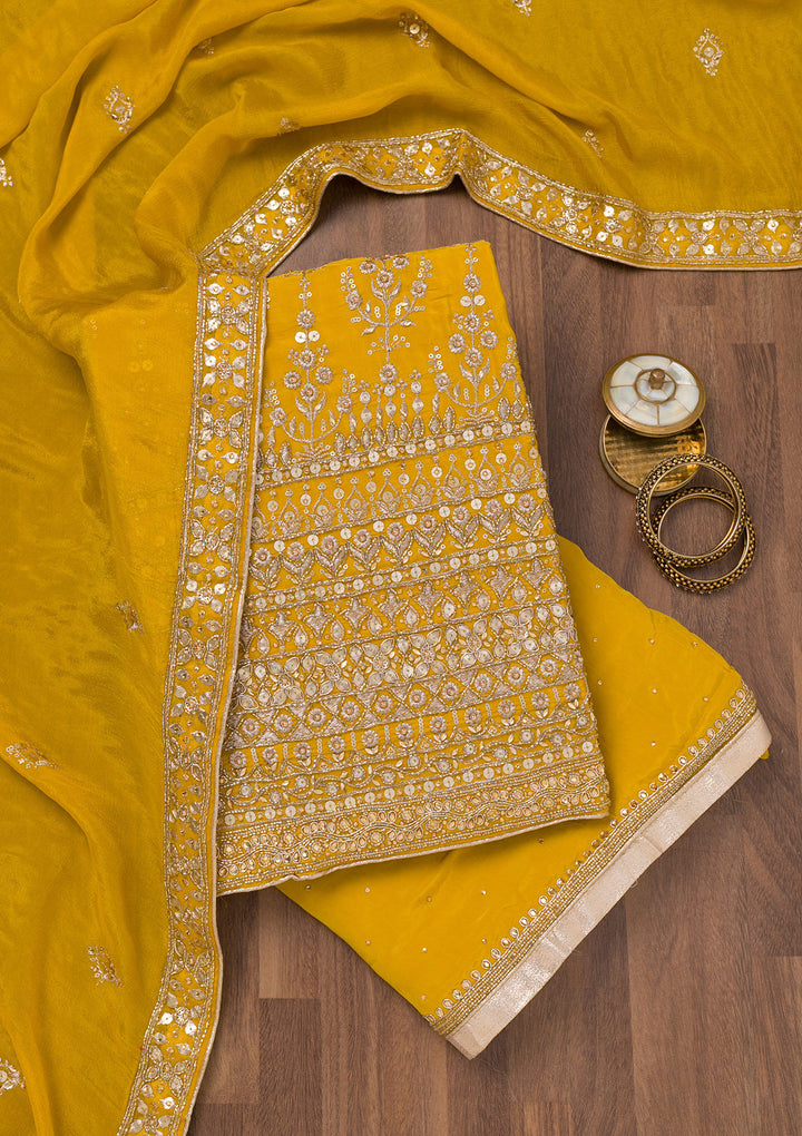 Mustard Zariwork Crepe Unstitched Salwar Suit
